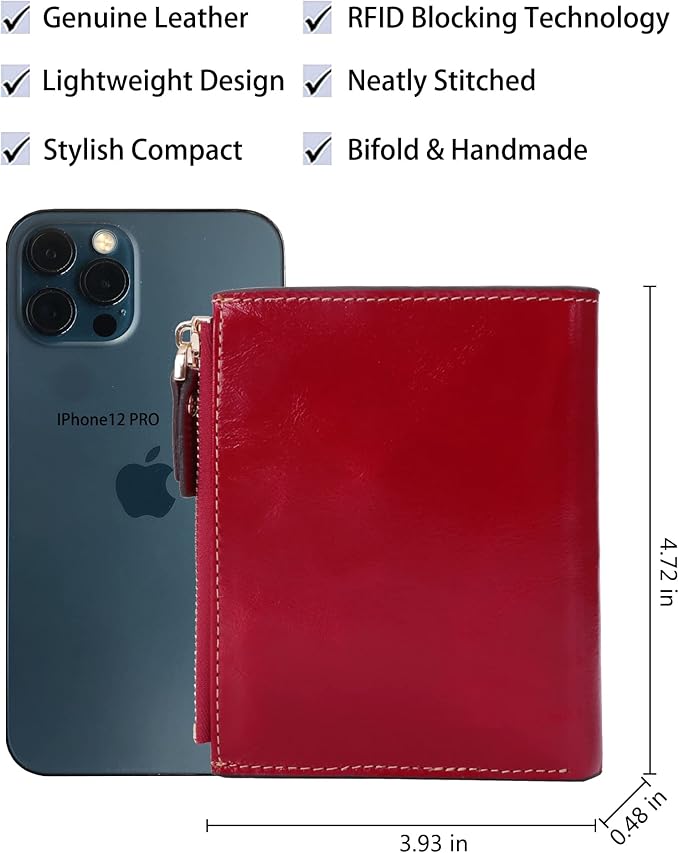 AINIMOER Women's RFID Blocking Leather Small Compact Bi-fold Zipper Pocket Wallet Card Case Purse with id Window