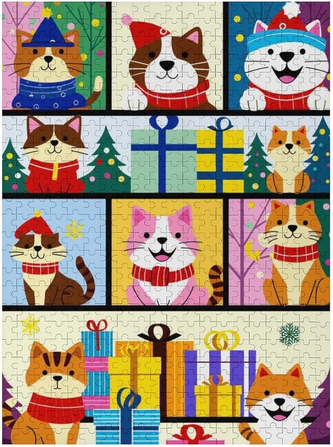 Wooden Puzzle 500 Pieces Adult - Christmas Dog Cat Puzzle Christmas Puzzles, Holiday Puzzles, Family Toys, Party Games, Jigsaw Puzzle Challenge and Funny