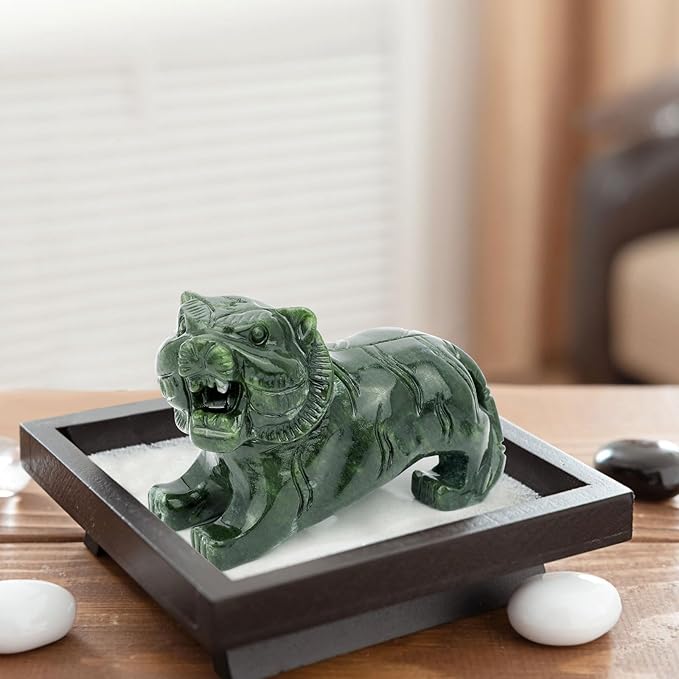 gemshan Handmade Tiger Statue Collectible - Natural Jade Tiger Sculpture for Home Decor Wild Animal Figure Collection Art Carved Figurine Decorative Sculpture Tabletop Home Decor