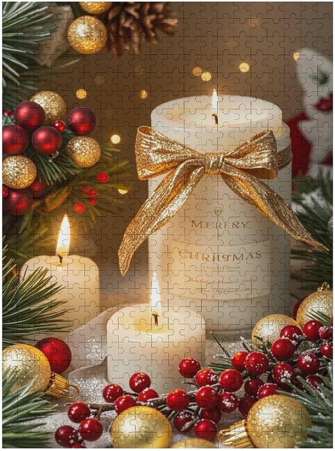 Wooden Puzzles 500 Piece，Christmas Atmosphere Candle Light, Merry Christmas Themed Jigsaw Puzzles，Funny Puzzles，Stress Relief Games，Puzzle Games Challenge Puzzles