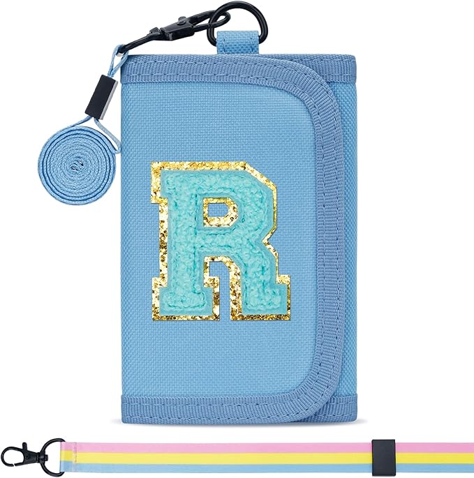 Gifts for Girls 3 4 5 6 7 8 9 10 11 12 Years Old Kids Wallet Cute Initial Coin Purse Toddler Wallet with Magic Sticker (Blue, R)