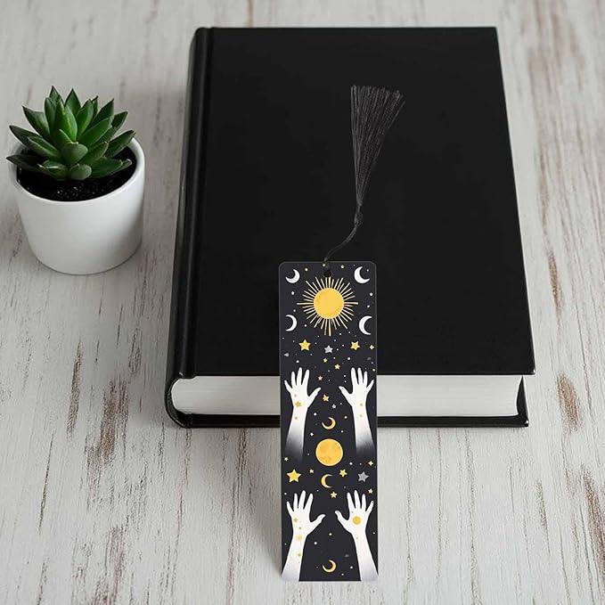 Halloween Bookmarks 5 Pcs with Tassels Bright Stars Moon Hands Mysterious Wooden Bookmarks for Reading Women Students Teacher Reader