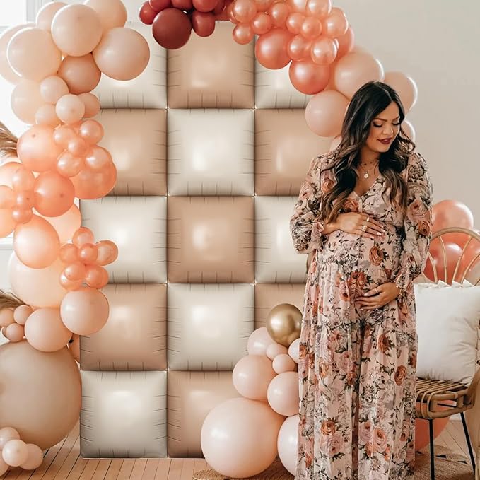 Cream Square Foil Balloon Wall, 25 PCS Double Sided Khaki Apricot Balloons Matte Beige Nude Balloon Backdrop for Baby Shower Decoration Wedding Boho Birthday Party Decoration