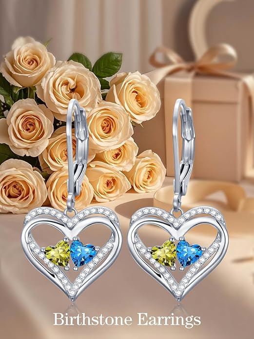 Heart Leverback Earrings Double Birthstone Dangle Earrings for Women, Love Jewelry for Her, Christmas Gifts for Women, Anniversary Birthday Gift for Mom Wife Girlfriend