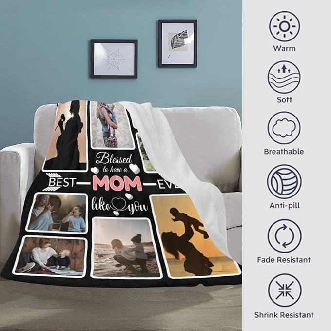 Custom Blanket Gifts for MOM, Customized Blankets with Photos, Make a Personalized Bed Throws to My Mom for Mothers Day, Custom Souvenir Throw Blanket for Best Mom Ever, 8 Collages Made In USA