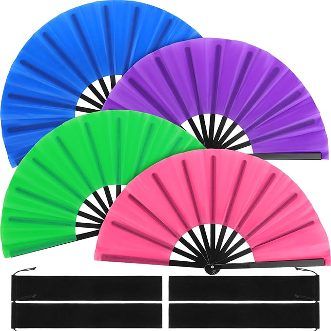 Blulu 4 Pcs 11 Inch Large Folding Hand Fans for Line Dancing Clapping Popping Rave Fans for Kids Women Men for Dancing Boots on The Ground Festival Party Decoration(Classic Style, Classic Color)