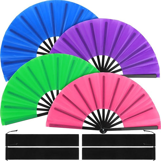 Blulu 4 Pcs 11 Inch Large Folding Hand Fans for Line Dancing Clapping Popping Rave Fans for Kids Women Men for Dancing Boots on The Ground Festival Party Decoration(Classic Style, Classic Color)