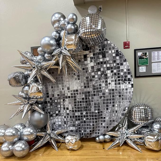 16PCS Disco Ball Balloons, 32in 22in 10in Large 4D Metallic Silver Disco Balloons Foil Balloon for 70s 80s 90s Discos Party Birthday New Year Graduation Party Decorations