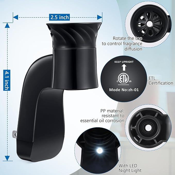 4 Pcs Wall Fragrance Plug with Night Light Compatible with Bath and Body Works WallFlower Refills (No Fragrance Included), ETL Certified, Rotatable Scent Control Plug for Home/Office (Black)