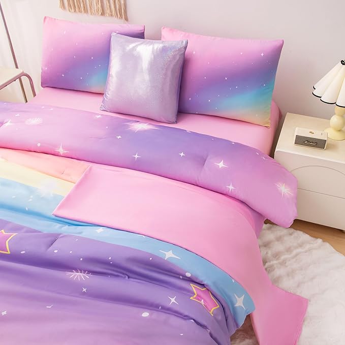 Rainbow Bedding Set Twin Size – 6-Piece Reversible Girls Comforter with Deep-Pocket Sheet, Gradient Galaxy Design, Whole-Piece Filling, Machine Washable Bed-in-a-Bag for Kids Room Makeover & Gifts