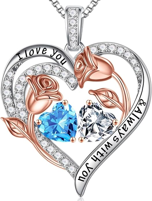 Iefil Valentines Day Gifts for Her - 925 Sterling Silver Rose Heart Birthstone Necklace Birthday Anniversary Jewelry Gifts for Her Wife Mom Daughter
