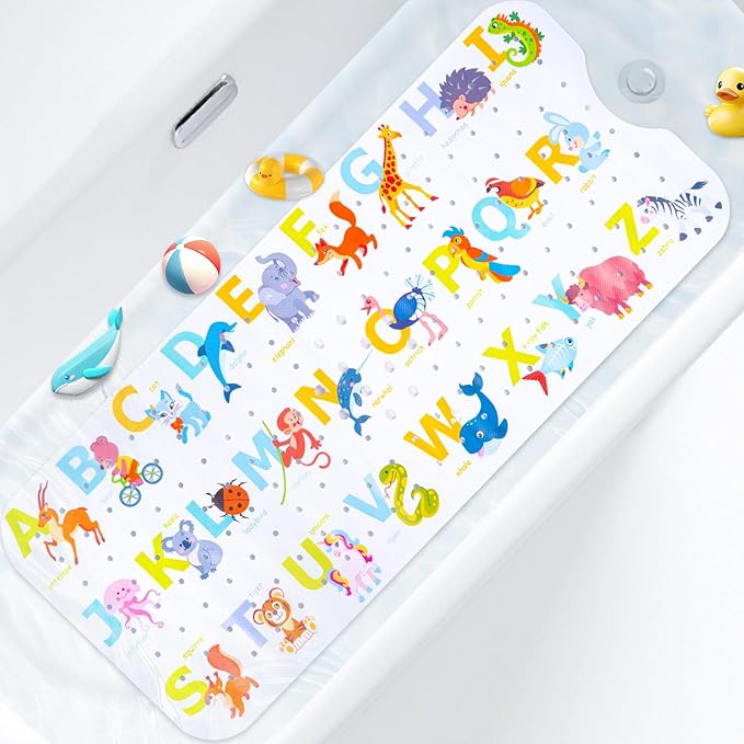 Kids Bath Mat with Ocean Theme Design, 40x16 inches, Non-Slip with 200 Suction Cups, Cartoon Sea Animals Pattern (Letter+Animal, 40 * 16in)