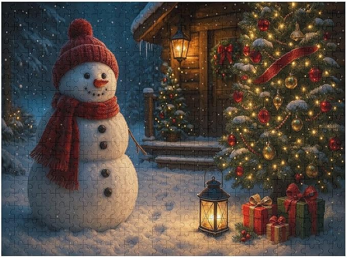 Christmas Tree Snowman 1000-Piece Wooden Jigsaw Puzzle, Festive Holiday Puzzle, Christmas Tree and Snowman Scene, Cozy Indoor Fun, Family Entertainment, Mindful Leisure Activity