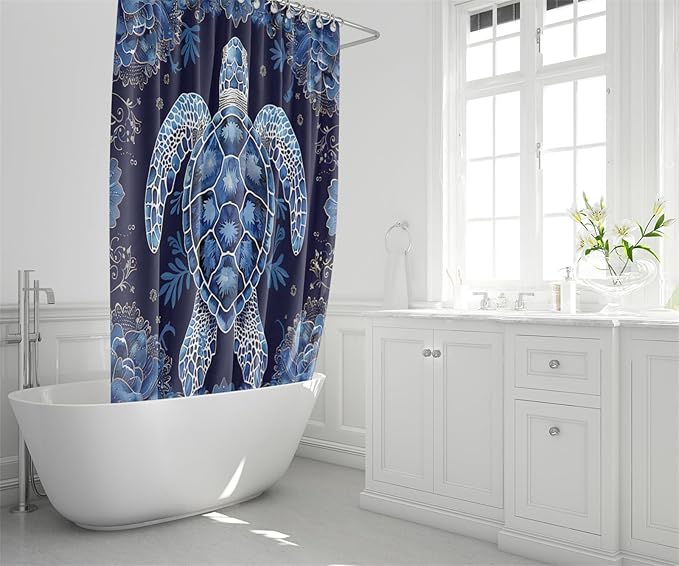 4 Pcs Sea Turtle Shower Curtain - Cartoon Animal Shower Curtain Ocean Theme Curtain with Rug,Toilet Cover and Bath Mat with 12 Hooks