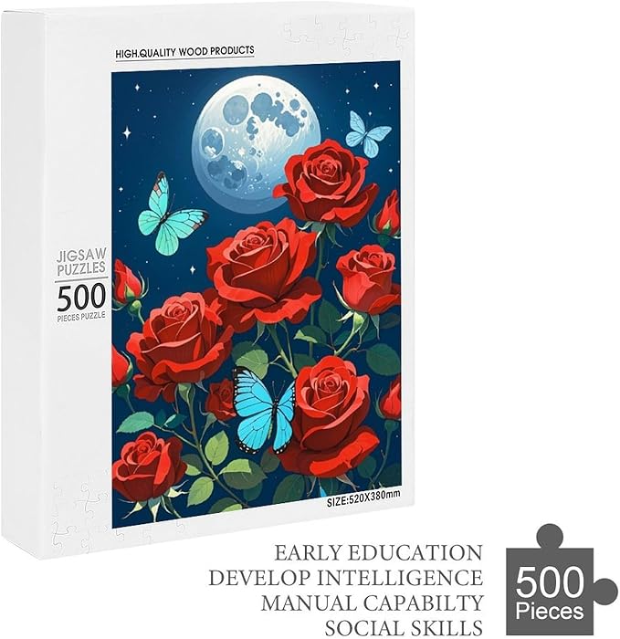 Jigsaw Puzzles for Adults 500 Piece - Butterfly Red Rose Garden Wooden Puzzles, Funny Puzzles，Unique Gifts for Wall Art，Family Puzzles，Educational Games，Challenge Puzzles