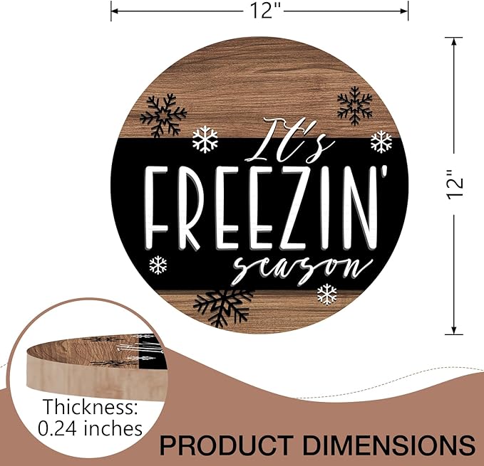 Deroro Winter It's Freezin Season Front Door Sign, Farmhouse Rustic Snowflake Wood Door Hanger Outdoor Outside Porch Decor, Christmas Wooden Wreath with Checkered Bow Indoor Wall Hanging Decoration