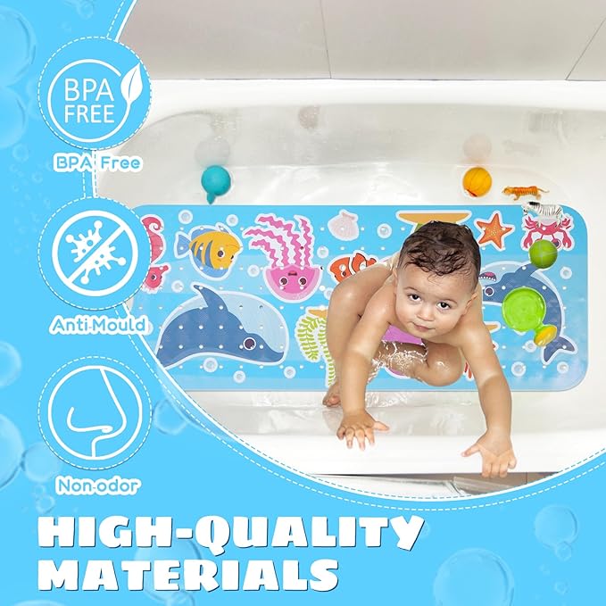 Baby Bath Mat for Tub Non Slip Kids Bathtub Mat Extra Long 40X16 Inch Toddler Bath Tub Shower Mat Anti Slip with Suction Cups & Drain Holes, Machine Washable (Whale Shark)