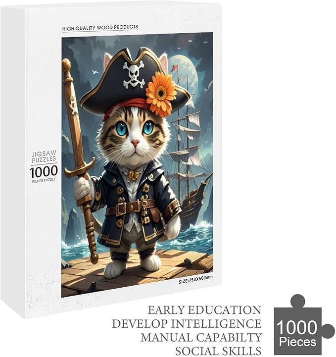 Wooden Puzzle - Classic Pirate Cat Leader Jigsaw Puzzles，Wooden Puzzles for Adults 1000 Pieces Challenge Puzzles，Educational Games，Family Puzzles，Unique Gifts for Wall Art