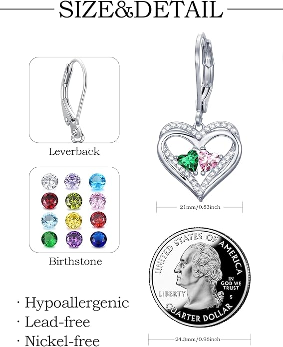 Heart Leverback Earrings Double Birthstone Dangle Earrings for Women, Love Jewelry for Her, Christmas Gifts for Women, Anniversary Birthday Gift for Mom Wife Girlfriend