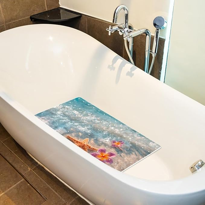 Bath Tub Mat Non Slip 15.1 x 26.8 Inch, Starfish and Flower on The Summer Beach in Sea Water Eco Friendly Bathmat with Suction Cups Drain Holes Shower Tub Mats
