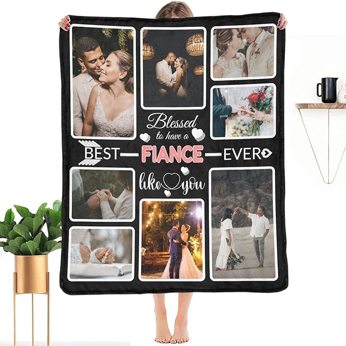 Custom Blanket Gifts for Fiance, Customized Blankets with Photos, Make a Personalized Bed Throws to My Fiance, Custom Souvenir Throw Blanket for Best Fiance Ever, 8 Collages Made in USA
