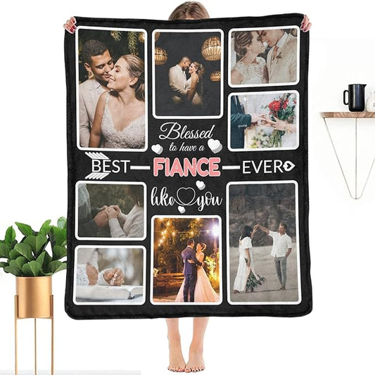 Custom Blanket Gifts for Fiance, Customized Blankets with Photos, Make a Personalized Bed Throws to My Fiance, Custom Souvenir Throw Blanket for Best Fiance Ever, 8 Collages Made in USA
