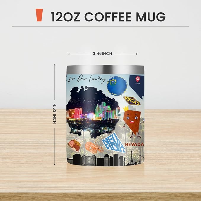12oz Coffee Mug Nevada State Insulated Coffee Cups, United States Map Travel Mug Landmark, Birthday Gifts Cute Mugs with Lid and Straw Gifts for Mom