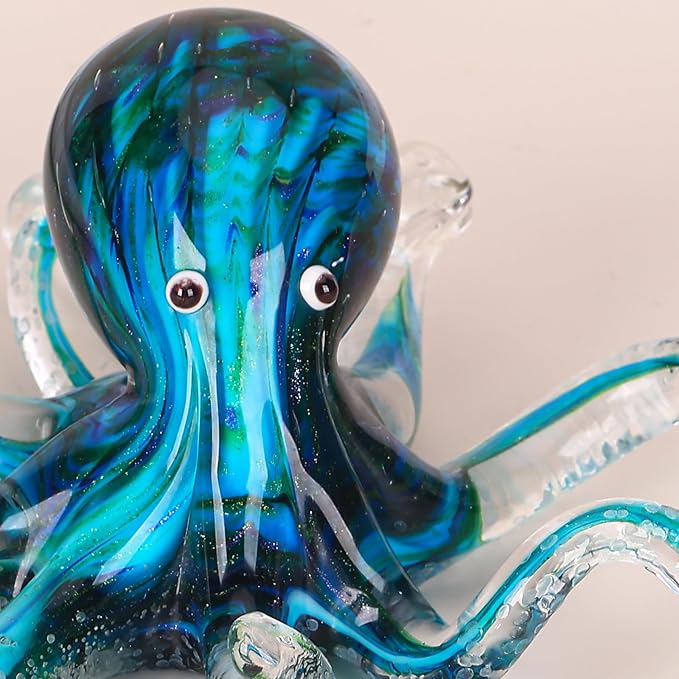 LCCCK Glass Octopus Statue Home Decor, Hand Blown Glass Decor Ocean Figurines Octopus Sculpture, Murano Art Office Desk Paperweights Fish Tank Aquarium Sea Animals Christmas Birthday Gift