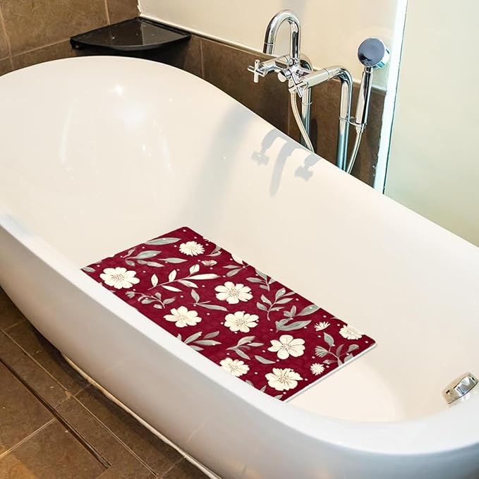 Bath Tub Mat Non Slip 15.1 x 26.8 Inch, Small White Flowers and Leaves on Deep Red Background Eco Friendly Bathmat with Suction Cups Drain Holes Shower Tub Mats