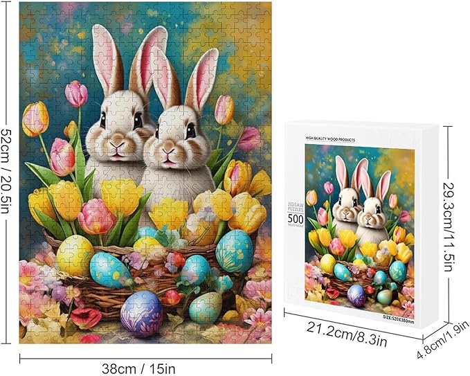 Wooden Puzzle - Easter Tulips Bunny Jigsaw Puzzles，Wooden Puzzles for Adults 500 Pieces Unique Gifts for Wall Art，Challenge Puzzles，Educational Games，Family Puzzles