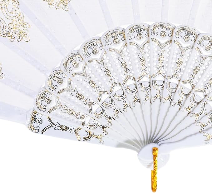 QIRMIZI 10 Pack Folding Handheld Fans,Silk Spanish Fan, Perfect for Weddings, Parties, and Dancing,White