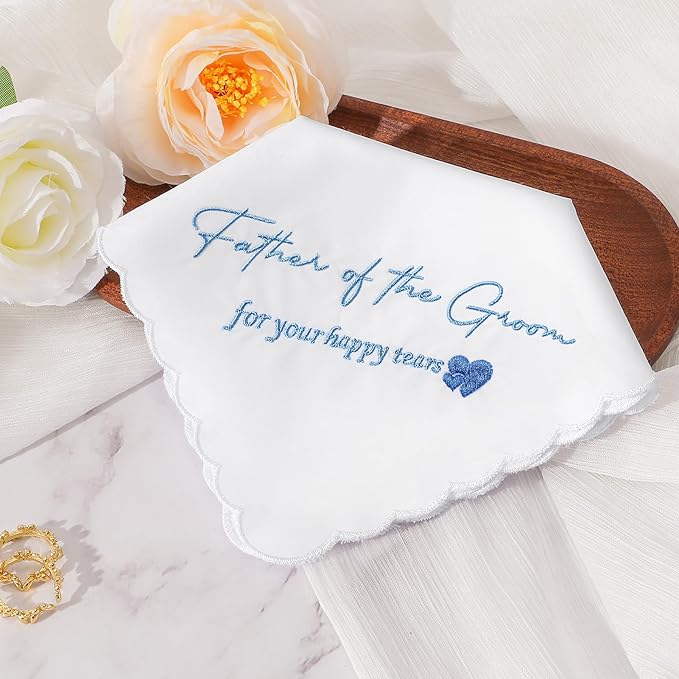 Wedding Handkerchief Something Blue for Bride, Mother Father of the Brides Groom Gifts, Embroidered Happy Tears Cotton Hanky