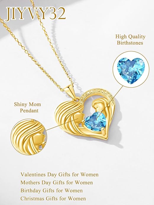 Mother and Daughter/Son Love Heart Necklace White Gold/14K Gold/Rose Gold Birthstone Jewelry Christmas Mothers Day Birthday Gifts For Mom Wife Grandma Women