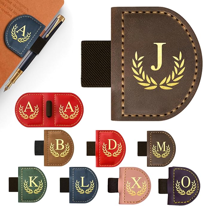 Personalized Leather Magnetic Bookmark with Pen Holder, Custom Bygone Mark Bookmark with Pen Holder, Custom Bookmarks with 26 Letters for Reading Women, Men, Teachers, Book Lovers（Coffee，J）