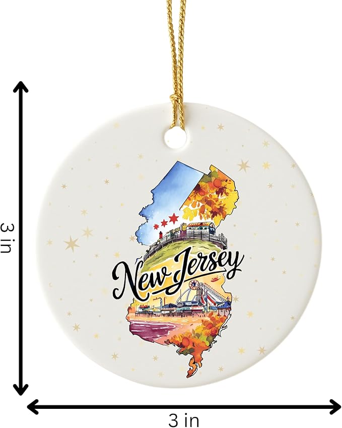 USA State Landmark Ceramic Ornament – Round Glossy Christmas Decoration Featuring U.S. State Art, Landmarks & Holiday Scenery – Collectible Travel Souvenir Ornament Series (New Jersey)