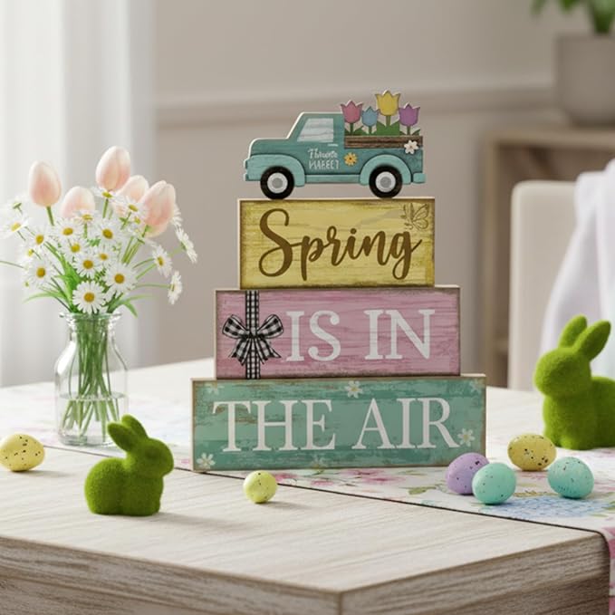4 Pcs Spring Table Decor Wooden Blue Truck Decoration Flower Centerpiece Spring Tiered Tray Decor Decorative Colorful Flower Block Signs Gift Farmhouse Decoration for Home Kitchen