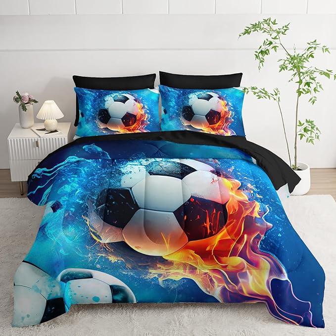 AILONEN Kids Soccer Comforter Set Twin Size,7-Piece Soft Bed in a Bag,Ice and Fire Sport Boys Soccer Comforter & Fitted Sheet with Flat Sheet & 2 Pillowcases,2 Pillow Shams for Bedroom