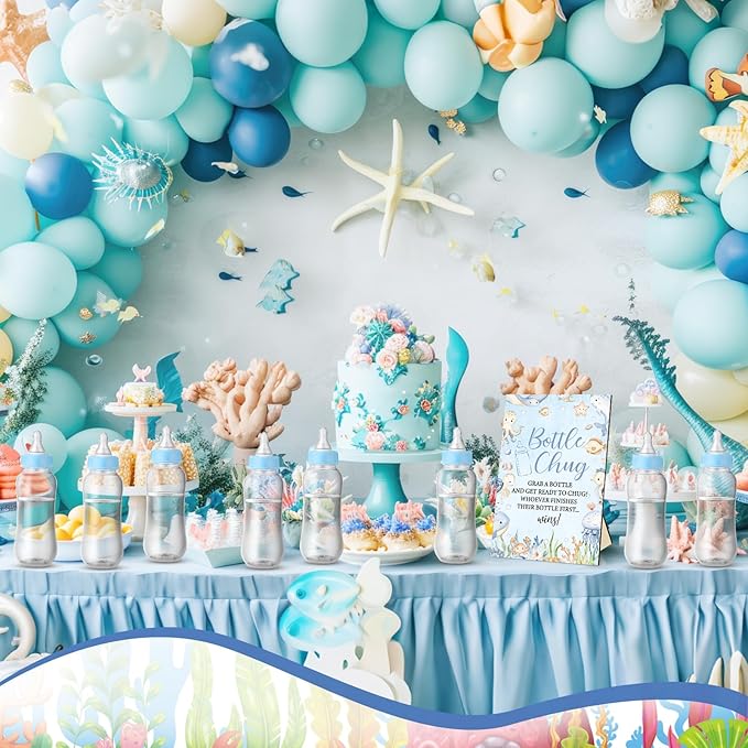 TrelaCo Cool Baby Shower Games Bottle Chug Sign and 12 Pcs Baby Bottle Shower Favor Bottles for Gender Reveal Games (Blue, Under the Sea)