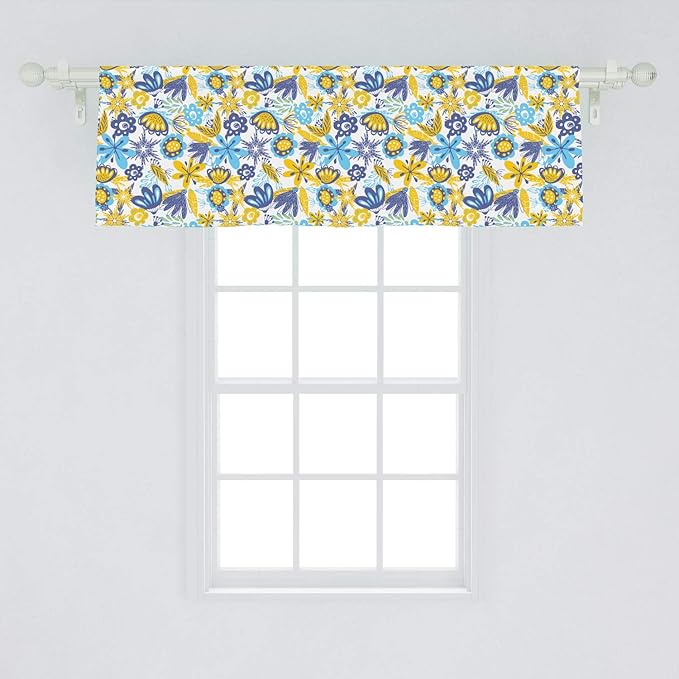Ambesonne Floral Window Valance, Abstract Flowers Chrysanthemum Design and Tender Butterflies, Curtain Valance for Kitchen Bedroom Decor with Rod Pocket, 54" X 18", Earth Yellow Blue