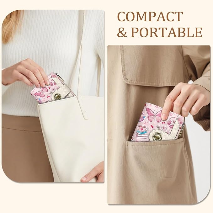 Small Wallet Women RFID Blocking Bifold Cute Credit Card Holder, Zipper Coin Pocket, PU Leather, Compact, Travel, 4 ID Window, 14 Card Slots, Cash Purse, Ladies Woman Female Girls