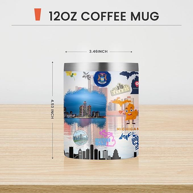 12oz Coffee Mug Michigan State Insulated Coffee Cups, United States Map Travel Mug Landmark, Birthday Gifts Cute Mugs with Lid and Straw Mothers Day Gifts