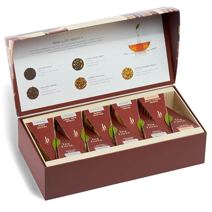 Tea Forte Premium Petite Presentation Box Gift Set Sampler, 10 Count, 2 of Each Blend Individually Wrapped Handcrafted Pyramid Infuser Bags, Frank Lloyd Wright Tea