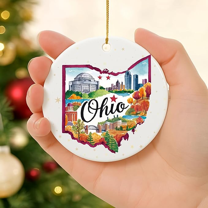 USA State Landmark Ceramic Ornament – Round Glossy Christmas Decoration Featuring U.S. State Art, Landmarks & Holiday Scenery – Collectible Travel Souvenir Ornament Series (Ohio)