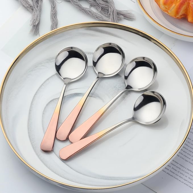 Buyer Star 8 Pieces Stainless Steel Round Soup Spoon, 6.3 Inch Mirror Polished Spoon Cutlery, Dishwasher Safe (Gradual Rose Rold)