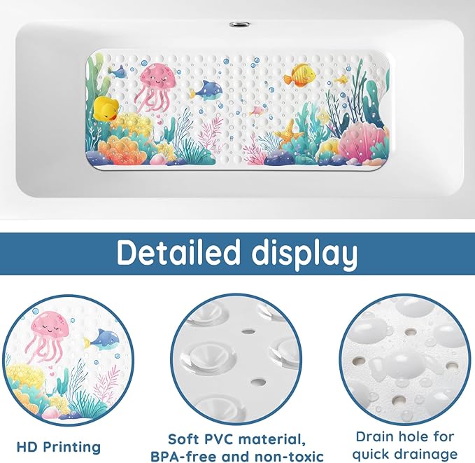 LNOND Bath Mat for Tub for Kids, Toddler Bathtub mat Non Slip, Coral Reef Fish Kids Bath Mats for Bathroom Non Slip with Drain Holes and Suction Cups,Machine Washable (40 X 16 Inch)