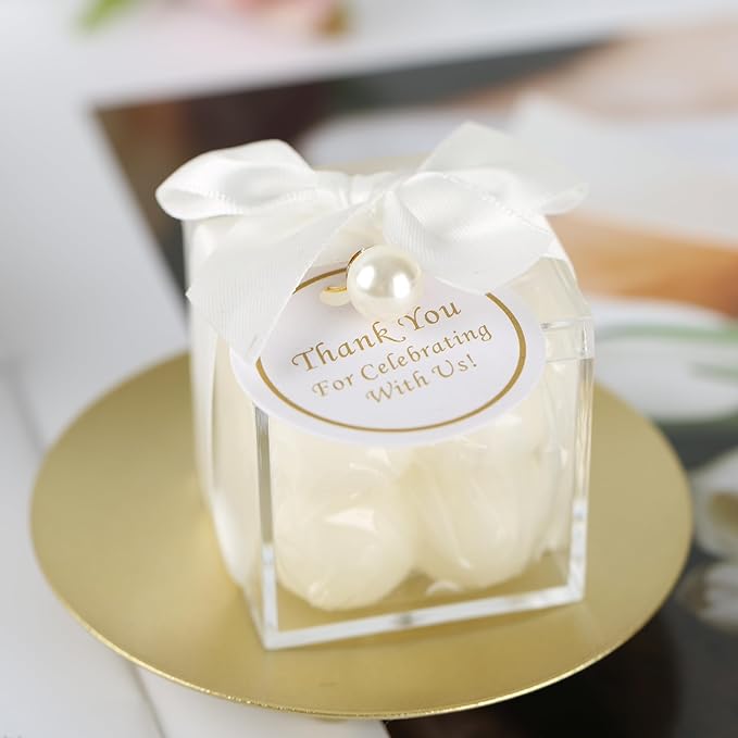 ACITHGL 30 Sets Fully Assembled Small Bubble Candle Party Favors for Guests Bulk Bridal Showers Favors Candles with Stylish Ribbons Thank You Cards Gifts (White)