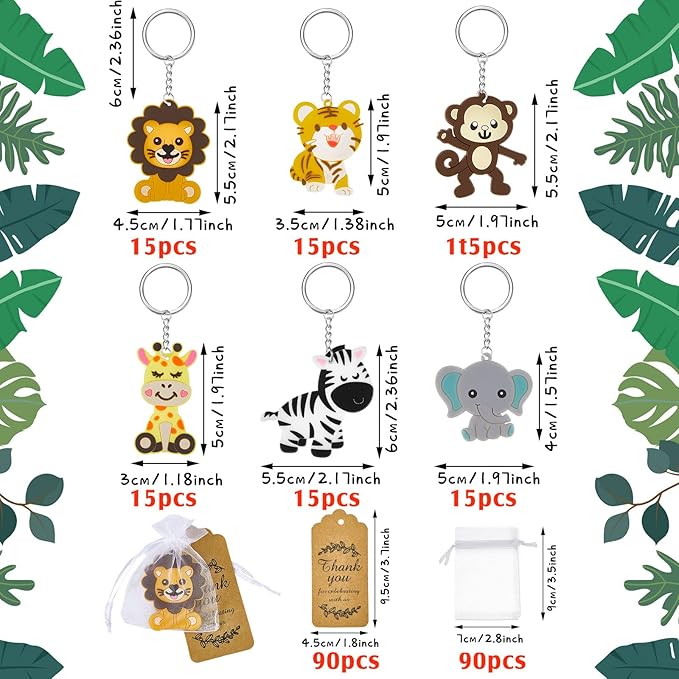 270 Pieces Cute Jungle Animal Keychains Safari Baby Shower Decorations Zoo Animals Decoration with Thanks Tags and Organza Bags for Birthday Favor