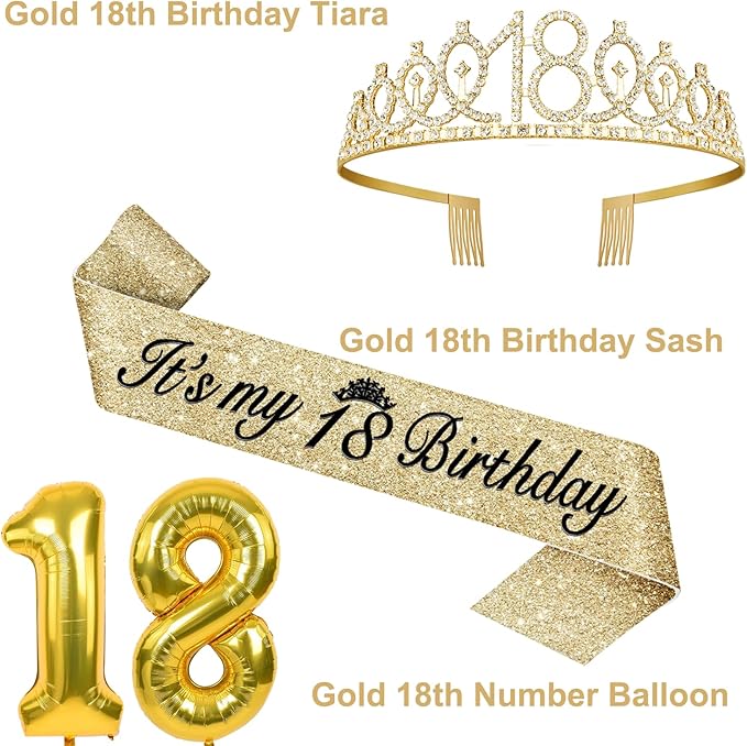 18th Birthday Decorations for Girls Gold with 18th Birthday Tiara and Sash, Cake Topper andCandles, Number Balloons, 18 Year Old Gifts for Girls