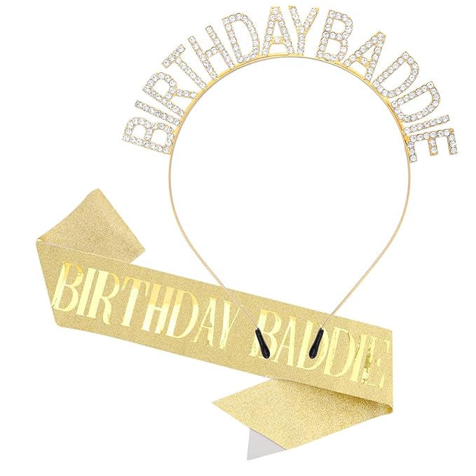 Canitor Birthday Baddie Sash Crown Set Birthday Gifts Party Favors Supplies Decorations & Accessories for Women Girl Adult Outfits Rhinestone Tiara Headband Soft Satin Sash