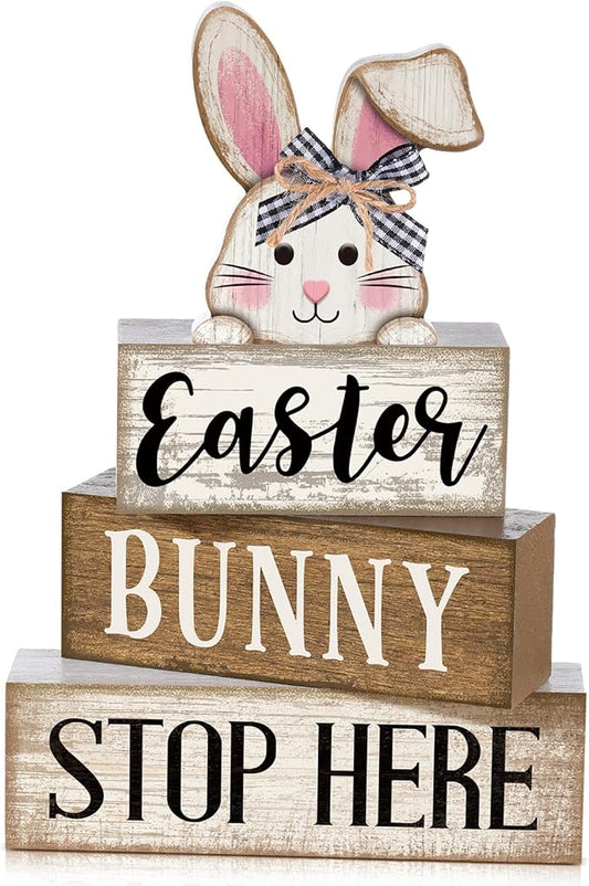4 Pcs Easter Table Decoration Wooden Rabbit Easter Tiered Tray Decor Cute Bunny Centerpiece Rustic Wooden Bunny Block Sign Farmhouse Holy Week Party Decoration for Home Kitchen Shelf